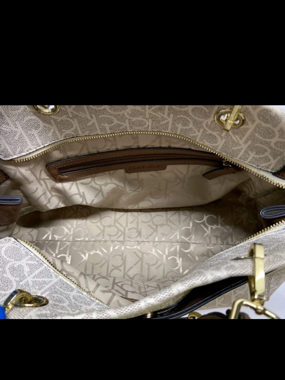 Calvin Klein Cream Monogram Satchel with Brown Straps Sonoma Collection